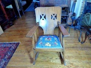 Unique Arts And Craft Solid Oak Needlepoint Rocking Chair