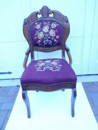 Antique Wooden Mahogany And Burl Needlepoint Chair 37 " H By 17.  5 " W By 20 " D