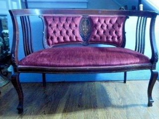 Victorian Italian Marquetry Maroon Velvet Tufted Back Settee 32 3/4 " H X 43 1/4 " W