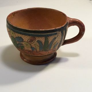 Coffee Cup Cute Old Vintage Mexico Tlaquepaque Pottery Hand Thrown Painted 3