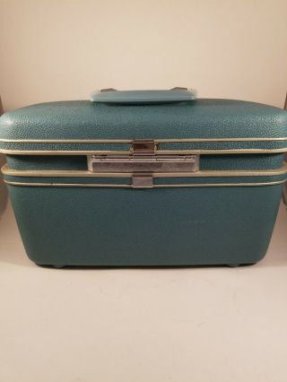 Vintage Samsonite Silhouette Blue Makeup Train Case Hard Luggage 2