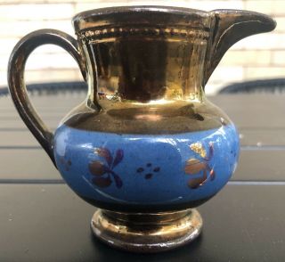 Vintage Creamer Small Pitcher Blue And Copper Luster Floral Flowers