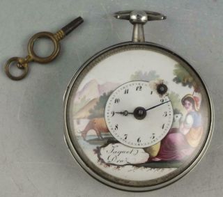 Antique Jaquet Droz Verge Fusee Pocket Watch With Silver And Enamel Case