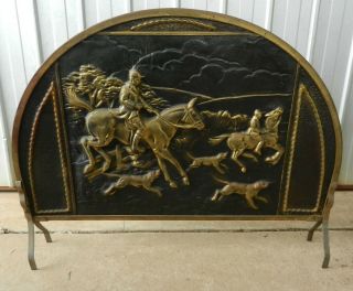 Fireplace Spark Screen Arched Solid Brass " Tally Ho " Vintage Art Deco
