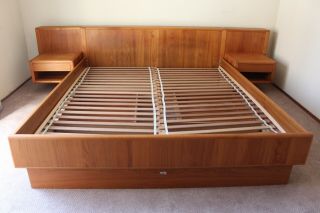 Mid Century Teak Headboard King Bed With Floating Nightstands