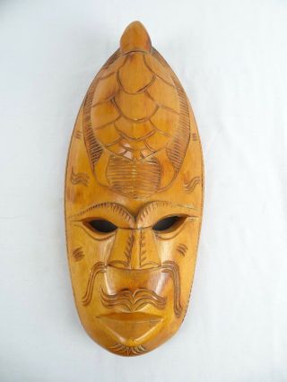 Large Vintage Pacific Fijian Hand Carved Wood Mask With Turtle Atop Fiji C1970s