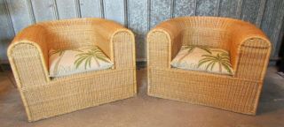 Rare Vintage Pair Bamboo Rattan Wicker Barrel Back Patio Sun Room Porch Chairs