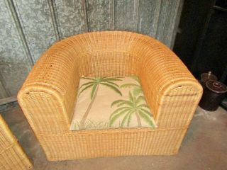 RARE Vintage PAIR Bamboo Rattan Wicker Barrel Back Patio Sun Room Porch Chairs 2