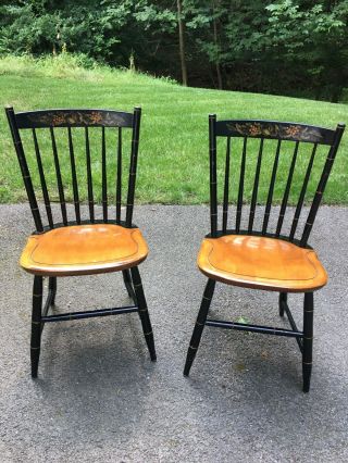 Hitchcock Black Painted Maple Stenciled Harvest Windsor Pair Side Chairs