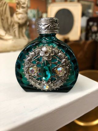 Vintage Antique Art Deco Green Glass Jeweled Perfume Bottle