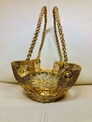 Gold Tone 8 1/2” Woven Wire Basket With Handles Pat.  Japan