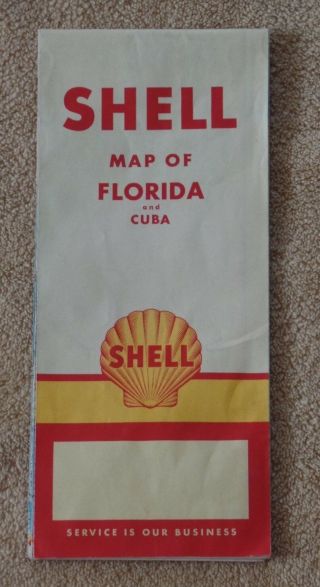 Vintage 1957 Shell Oil Highway Map Of Florida & Republic Of Cuba