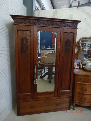 Antique Oak Wardrobe,  Armoire With Center Mirror And Large Bottom Drawer