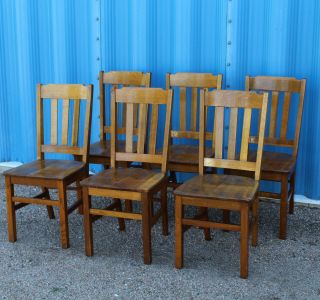Antique Mission Oak Matching Chairs Set Of Six Chairs - Solid Seats
