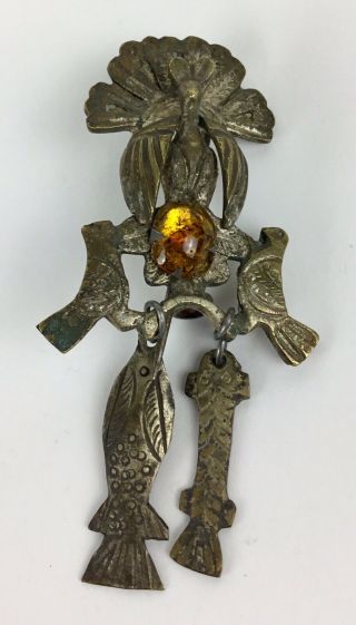 Antique Peruvian Tupu Shawl Pin With Birds,  Fish,  & Stone