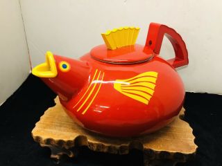 Vintage Copco Red And Yellow Enamel Fish Tea Pot