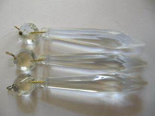 3 Vintage Spear Crystal Glass Faceted Chandelier Lamp Prisms W/ Brass Pins