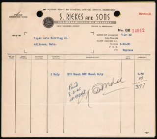 Vintage Receipt S Riekes And Sons Omaha Dated 1945 Pepsi Cola Alliance Nebraska