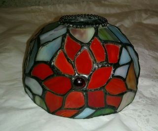 Small Tiffany Style Jeweled Red Poinsettia Stained Leaded Slag Glass Lamp Shade