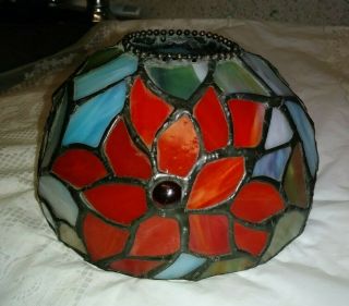 Small Tiffany Style Jeweled Red Poinsettia Stained Leaded Slag Glass Lamp Shade 2