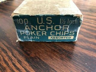 Vintage Box US Anchor Plain Clay Poker Chips 100 Count 1.  5 