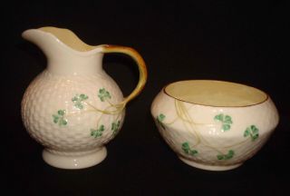 Vintage Belleek Ireland Porcelain Shamrock Basketweave Creamer & Sugar Bowl Set
