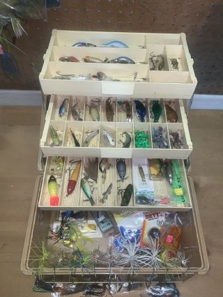 Tackle Box Full Of Crank Baits Top Water Vintage Jigs Spinners