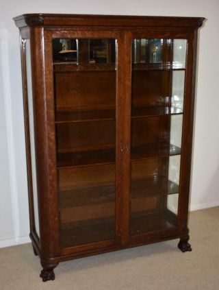 Antique Two Door Claw Foot Quarter Sawn Oak China Cabinet / Bookcase C.  1900 
