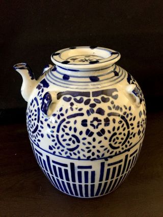 Vintage Blue White Porcelain Ceramic Asian Oil Jar Jug Pot Teapot Large