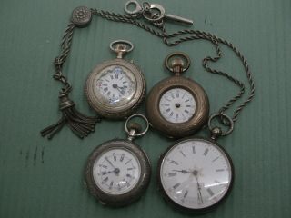 Swiss Silver Ladys Pocket Watches For The Collector Plus A Chain