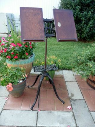 1895 Victorian Antique Cast Iron & Oak Bible Dictionary Book Stand,  Org.  Label