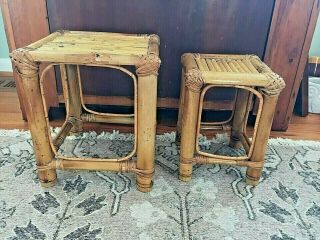 2 Vintage Small Bamboo / Wicker / Rattan Side Table Plant Stands 11 