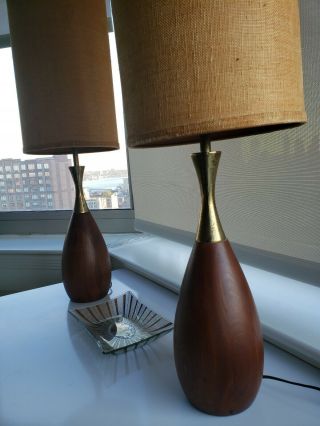 Vintage Pair Table Lamps Mid Century Danish Modern Teak Wood Brass Base W Shades