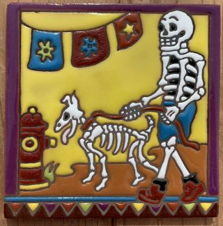 1 Talavera Pottery 6 " Tiles Day Of The Dead Man Walking Dog Leash Collar Puppy
