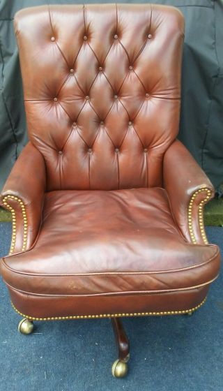 Hickory Chair Company Tufted Leather Brass Mahogany Executive Office Desk Chair