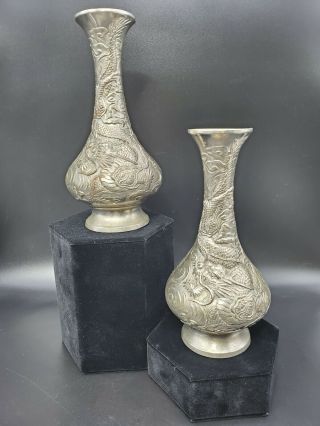 Set Of 2 Vintage Japanese Sterling Or Rhodium Plated 6 " Metal Dragon Bud Vases