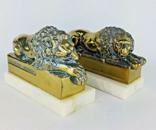 Antonio Canova Lion Book Ends Brass Vintage Marble Mounted Felt Bottom Desk Top