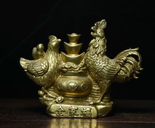 Chinese Folk Feng Shui Pure Copper Brass Wealth Treasure Year Zodiac Cock Statue