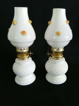 Vintage Mini Oil Lamp Milk Glass Perfume Lamp Roses Floral Decor Set Of 2