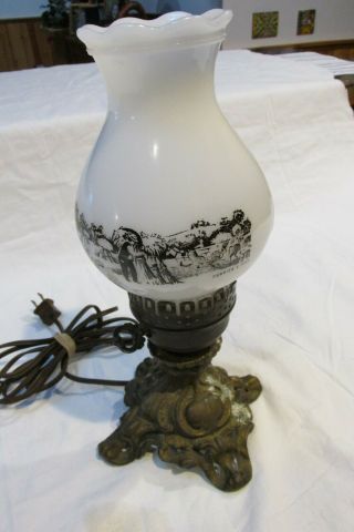 Vintage Currier Ives Lamp White Milk Glass Hurricane Ruffled Chimney 12 3/4 " T