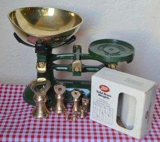 Vintage English Kitchen Scales Boots British Racing Green 7 Brass Bell Weights