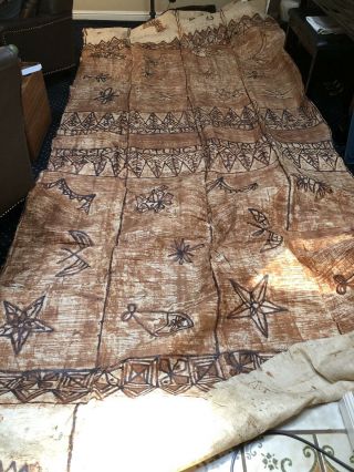 Old Huge South Pacific Tapa Cloth Tribal Hand Pounded And Painted 74x172” Nr