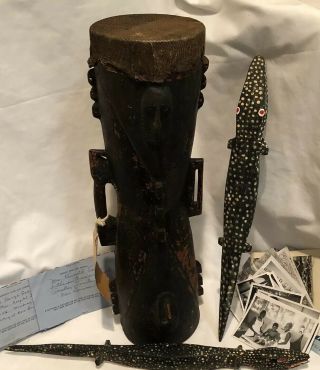 Vin 1950s Papua Guinea Kundu Drum Ceremonial Artifact Lizard Top Handmade Nr