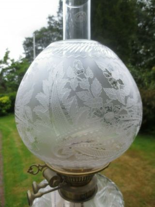 Antique Victorian Rare Cut Glass And Etched Duplex Oil Lamp Shade
