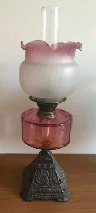 Antique Victorian Cranberry Glass Oil Lamp With Metal Pyramid Base