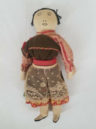 Old Native American Indian Cloth Doll Hand Made Embroidered Face 13 - Inches Tall