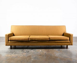 Mid Century American Modern Three - Seat Sofa Yellow Tweed Fabric Minimalist Vtg