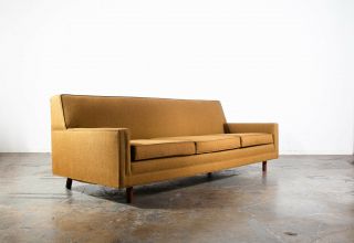 Mid Century American Modern Three - Seat Sofa Yellow Tweed Fabric Minimalist VTG 3