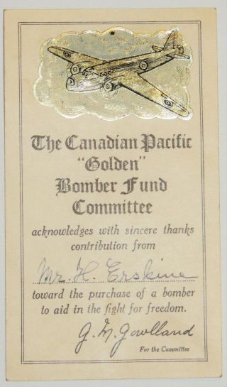 Ww1 Ww2 World War Two Canadian Pacific Lancaster Bomber Raf Rcaf Certificate