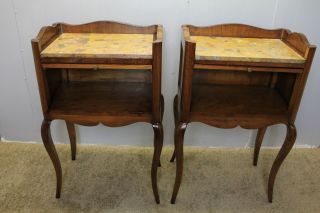 1940s Italian Walnut Inlaid Marble Top Nightstands With Pull Out Trays